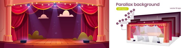 Бесплатный Вектор параллакс фон для игры, 2d мультфильм театр