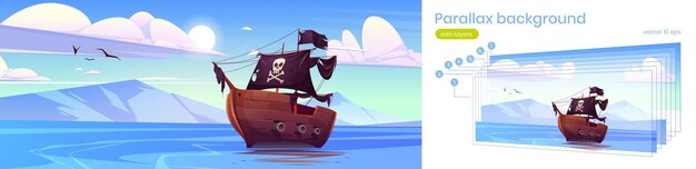 Free vector parallax background for game, pirate ship in sea