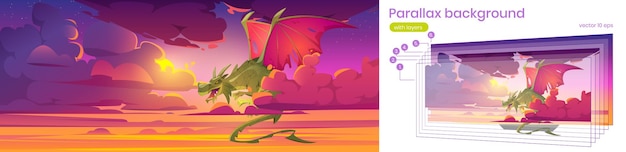 Sfondo di parallasse per il gioco, con drago in cielo, animazione a strati di personaggio fantastico 2d, creatura magica che vola nel bellissimo cielo con nuvole viola, scena da favola cartoon illustrazione vettoriale