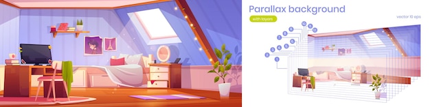 Free vector parallax background girl bedroom interior on attic. teenager mansard room with unmade bed, window, workspace with computer. cartoon 2d separated layers for game animation scene, vector illustration