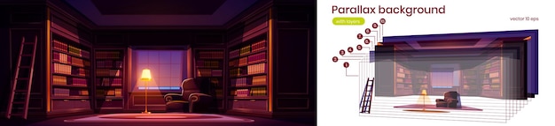 Бесплатное векторное изображение Параллакс фон роскошь старая библиотека 2d интерьер
