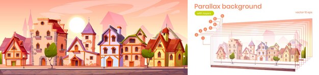 Free vector parallax background medieval town street