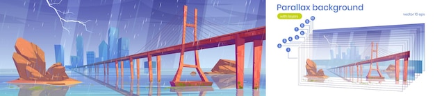 Free vector parallax background modern city at storm weather