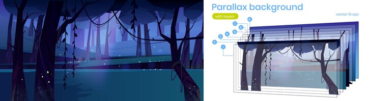 Free vector parallax background night forest 2d landscape