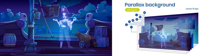 Free Vector parallax background pirate girl ghost on filibuster ship, buccaneer woman spook with leg prosthesis hold gemstone stand at boat deck, separated layers for 2d game animation cartoon vector illustration