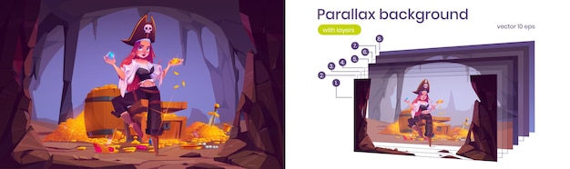 Бесплатное векторное изображение Параллакс фон пиратская девушка в пещере сокровищ. молодая женщина-флибустьер с протезом ноги в волшебной гробнице фэнтези, шаблон разделенных слоев для анимации 2d приключенческой игры, векторная иллюстрация
