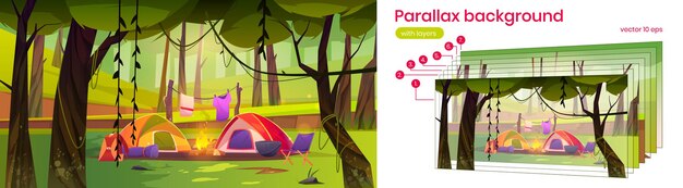 Parallax background summer camp with camping tents, campfire and tourist stuff in forest, 2d scenery nature landscape. Cartoon animation scene with separated layers for game, Vector illustration