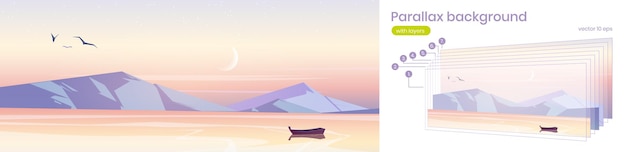 無料ベクター 視差の背景、ボート2d自然の風景と海の日の出。穏やかな水面のピンクの空の下に浮かぶ分離層木製スキフ、ゲームの横スクロール、漫画のベクトル図
