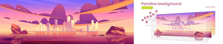 Free Vector parallax background sunset city skyline, megapolis