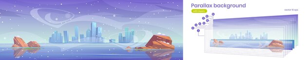Бесплатное векторное изображение Горизонт зимнего города на фоне параллакса в замерзшей бухте набережной. городская 2d городская архитектура под снегопадом. здания небоскреба разделены слоями для игровой анимации, векторная иллюстрация мультфильмов