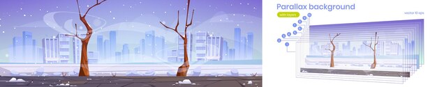 Parallax background winter city street with bare trees, blizzard and snowdrifts. 2d Urban cityscape with buildings skyline at wintertime season, separated layers for game animation Vector illustration