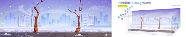 Параллакс фон Зимняя городская улица с голыми деревьями, метелью и сугробами. 2d городской городской пейзаж с горизонтом зданий в зимний сезон, отдельные слои для игровой анимации Векторная иллюстрация