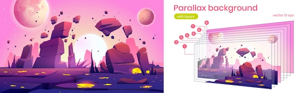 Free vector parallax background with alien planet landscape