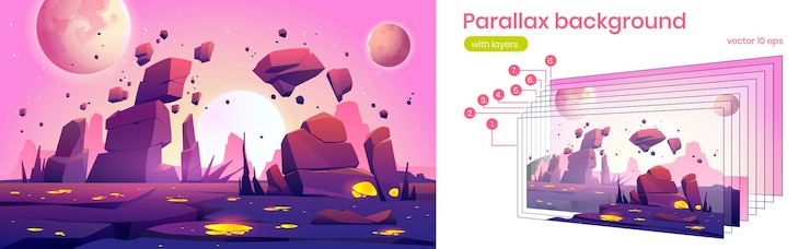Free Vector parallax background with alien planet landscape