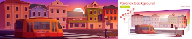 Параллакс фон с городом и трамваем на закате