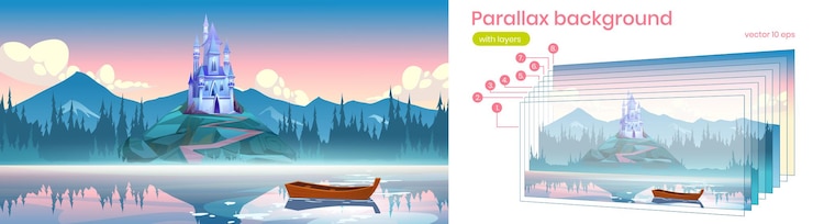 Free Vector parallax background with fantasy palace on rock