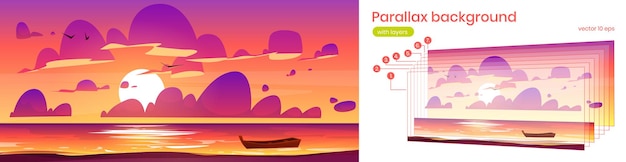 Бесплатное векторное изображение Параллакс фон с морским пейзажем на закате