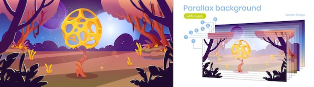 Free vector parallax background with unusual yellow mushroom