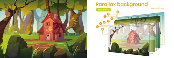 Parallax background wooden house in summer forest. old shack in deep wood 2d nature landscape. cartoon scenery view with forester or witch hut separated layers for game scene, vector illustration