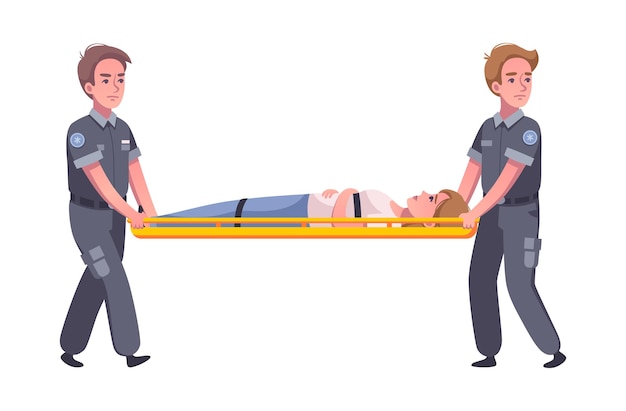 Иллюстрация шаржа фельдшера скорой помощи с двумя врачами и женщиной на носилках