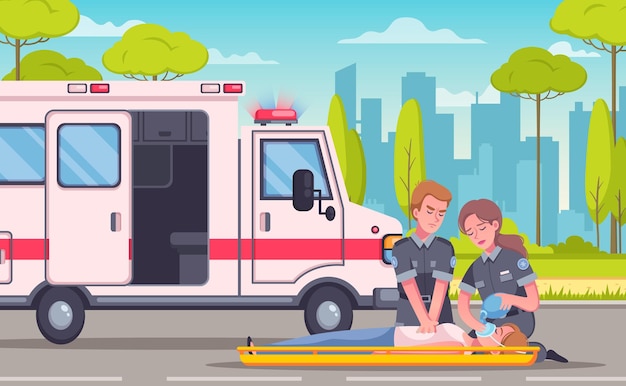 Paramedic emergency ambulance cartoon composition illustration