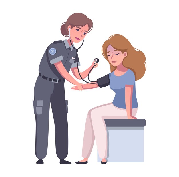 Paramedic measuring blood pressure to woman cartoon