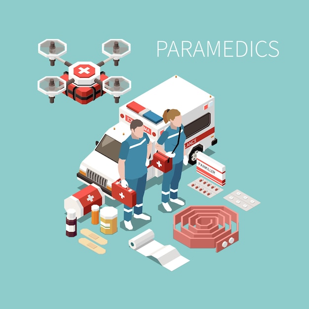 Изометрический фон парамедиков с людьми, оказывающими первую помощь дроном, доставляет посылку с векторной иллюстрацией лекарств