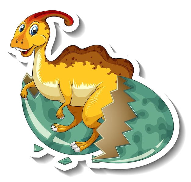 Динозавр паразауролоф, вылупившийся из яйца, стикер с мультяшным персонажем