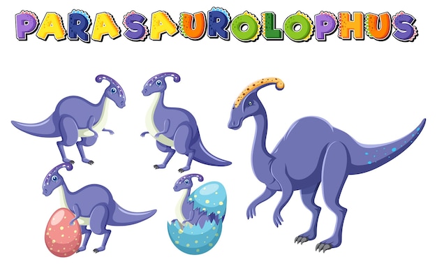 공룡 만화 캐릭터와 Parasaurolophus 단어 로고
