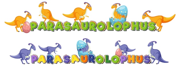 Logo della parola parasaurolophus con personaggio dei cartoni animati di dinosauro