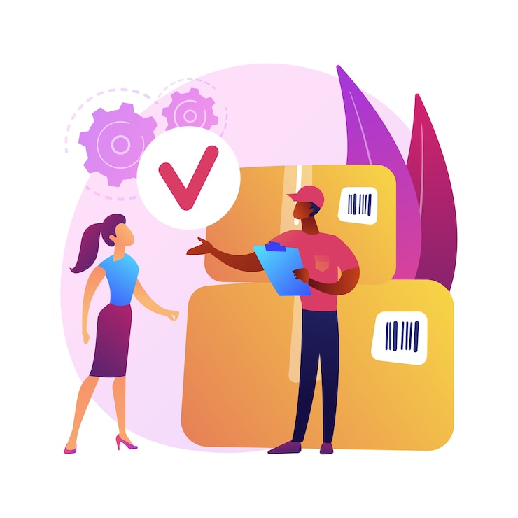 Free Vector parcel delivery and unpacking, receiving order, box contents inspecting. female consignee cartoon character. targeted shipping service .