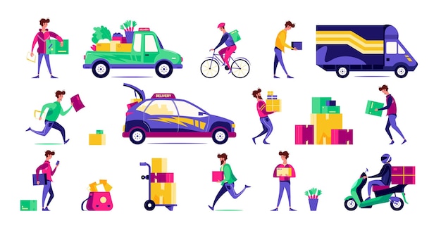 Parcels packages mail worldwide delivery options colorful set with bike motorbike courier van driver service vector illustration