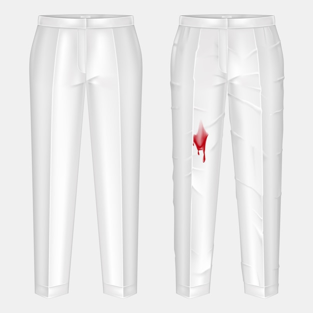 Pare of dirty, rubbed with blood blotch and ironed, shiny clean white womens pants