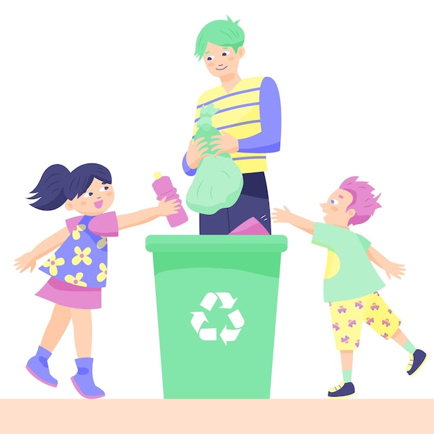 Vettore gratuito genitore che insegna ai bambini come riciclare