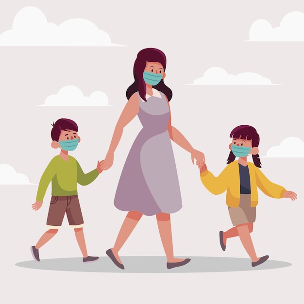 Parent walking children with medical masks