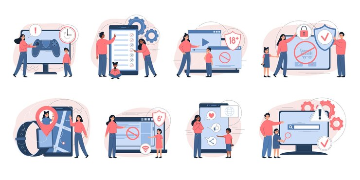 Free Vector parental control set with flat isolated compositions of gadget icons pictograms characters of parents and children vector illustration