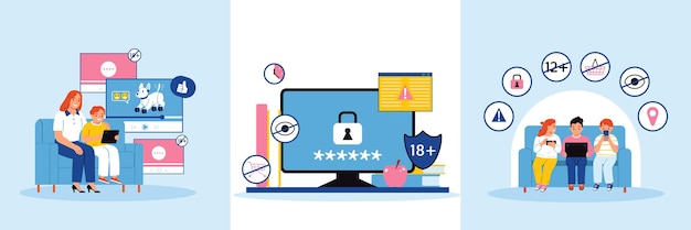 無料ベクター ペアレンタル コントロールは、ティーンエイ ジャーとそのガジェットのベクトル図とコンピューター画面絵文字パスワードの 3 つの構成を設定