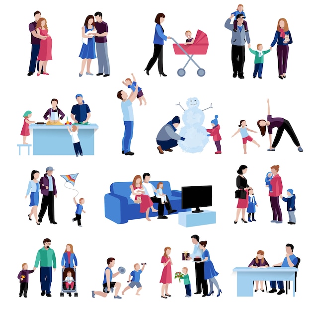 Free vector parenthood family situations flat icons set