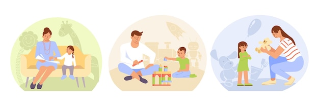 Parenting flat composition set with mother and father reading and playing with their kids isolated illustration