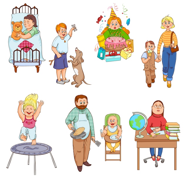 Parents caring for children and playing kids cartoon style happy family icons collection 