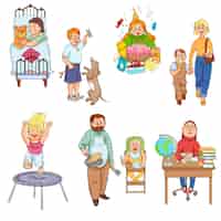 Бесплатное векторное изображение Родители, ухаживающие за детьми и играющие в детские мультфильмы, собирают счастливые семейные иконы