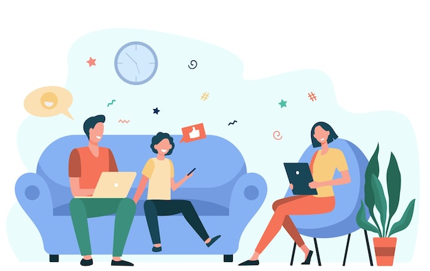 Free vector parents couple and kid using gadgets. social media addicted family with laptop, tablet and phone sitting together. flat vector illustration for internet addiction, communication