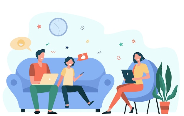 Parents couple and kid using gadgets. Social media addicted family with laptop, tablet and phone sitting together. Flat vector illustration for internet addiction, communication 