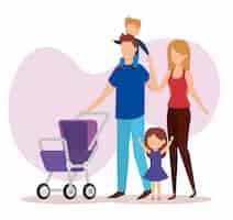 Free vector parents couple with cart baby characters