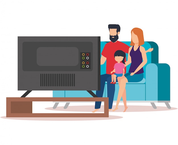 Parents couple with daughter waching tv