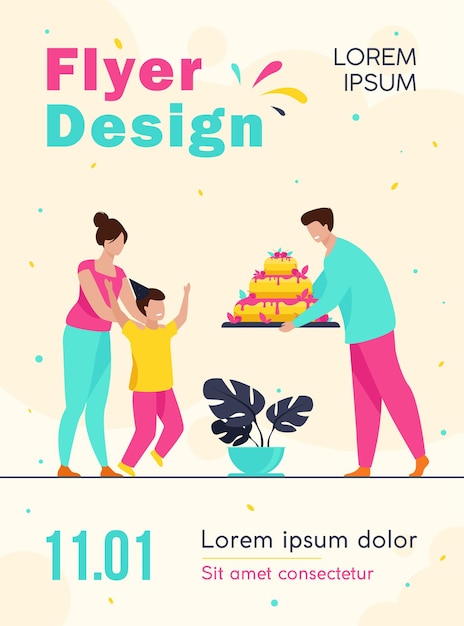 Free vector parents giving birthday cake to son flyer template