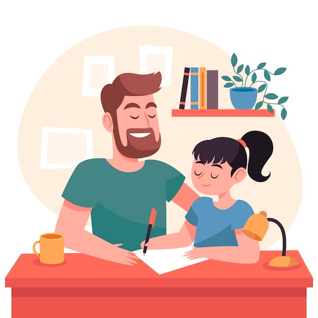 Parents helping children with homework illustration