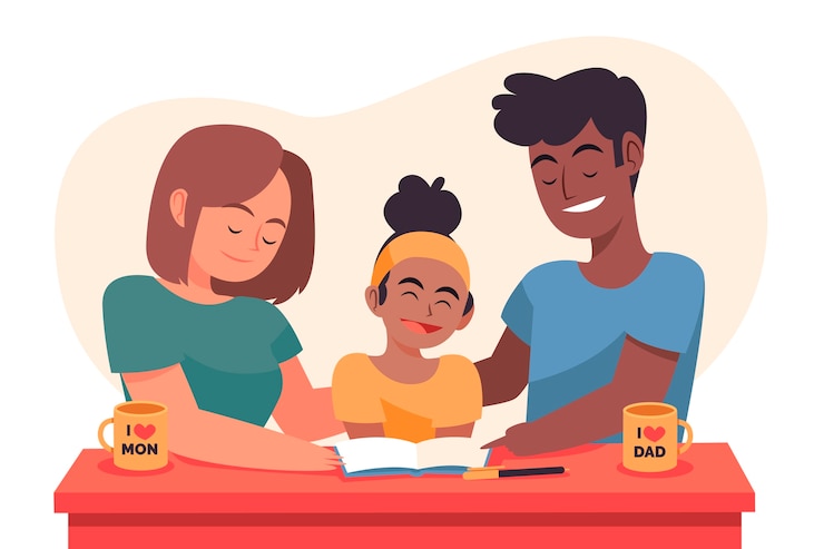Free Vector parents helping children with homework illustration