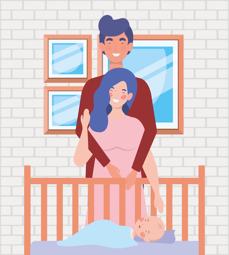 मुफ़्त वेक्टर माता-पिता पालने के साथ नवजात शिशु की देखभाल कर रहे हैं