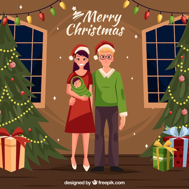 Free vector parents with a baby on a christmas night